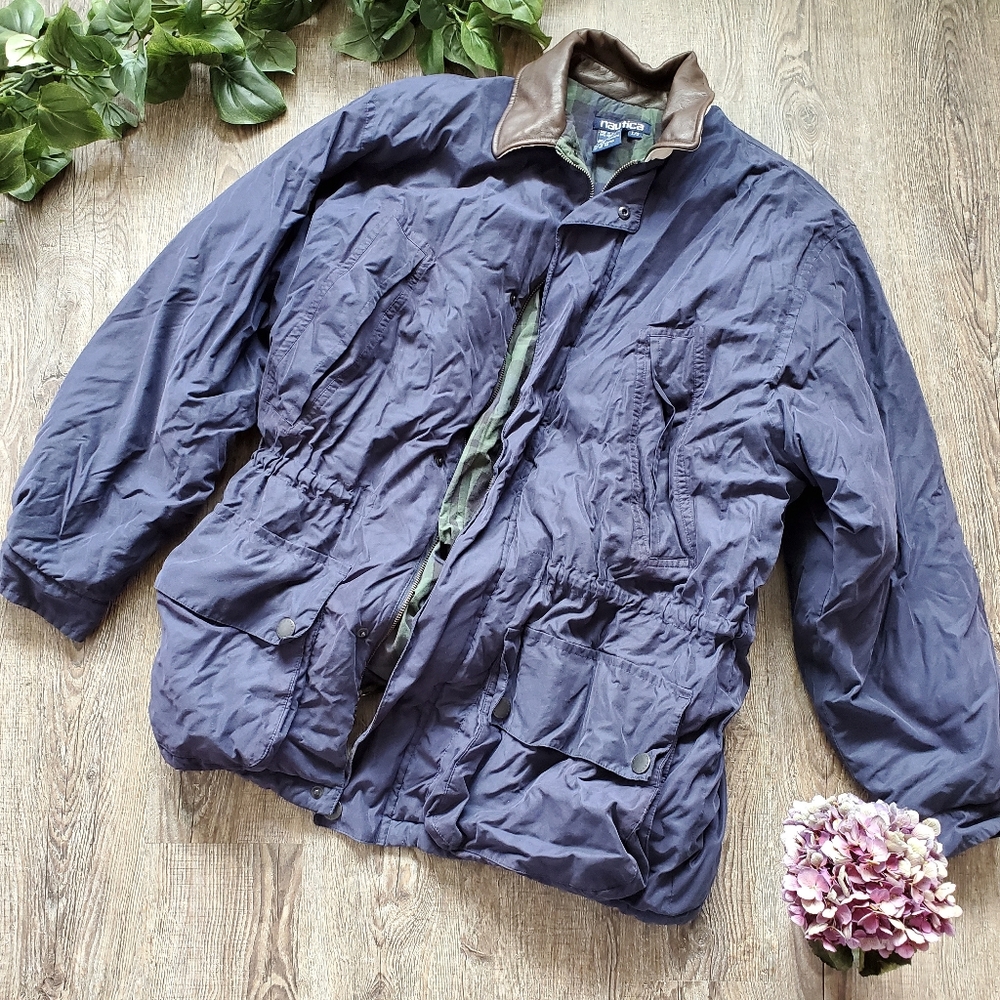 Nautica Puffer Jacket Blue Leather Collar Fall Winter Outdoor 90s Vintage